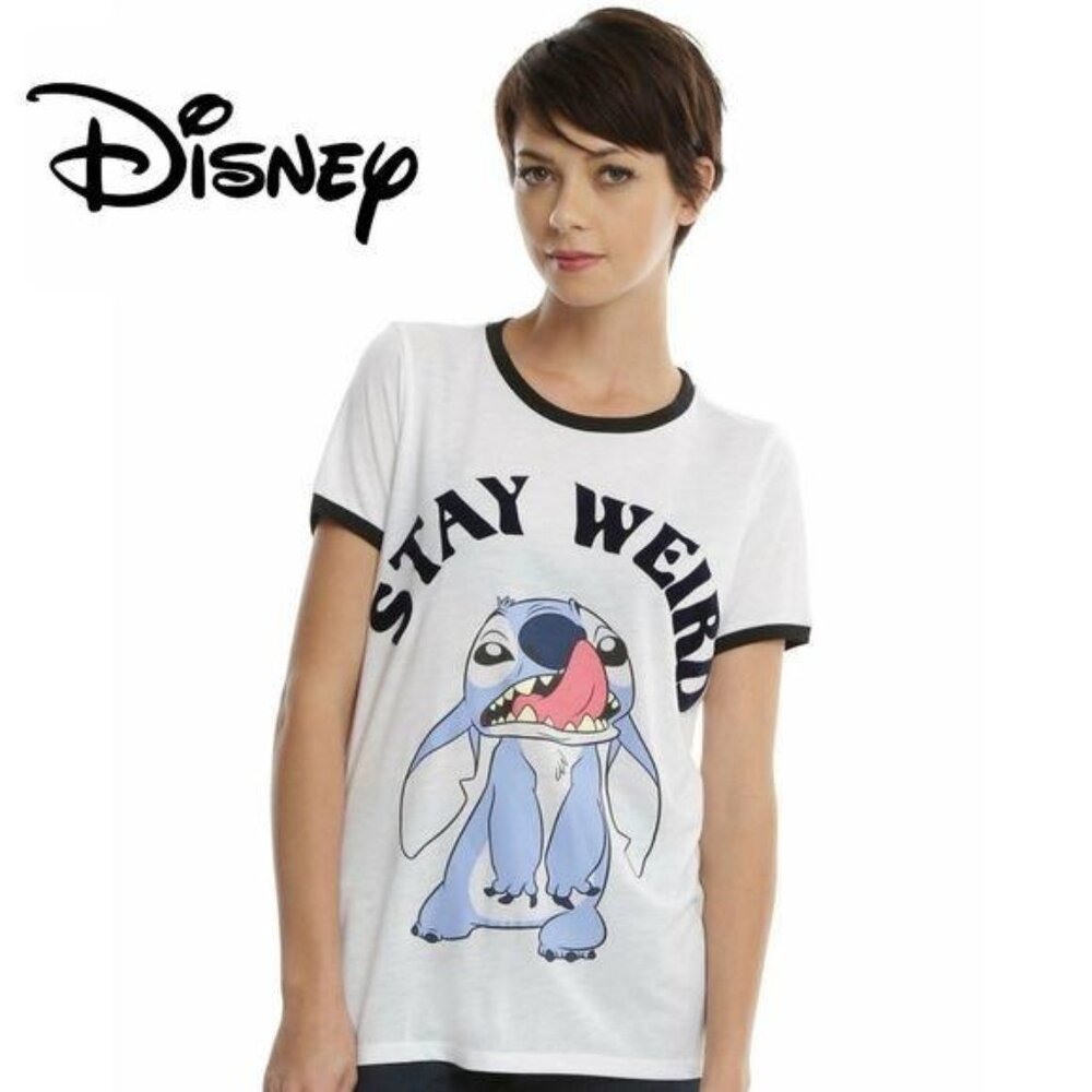 Disney "Stay Weird" Lelo and Stitch Graphic Tee size S navy trim white tee shirt